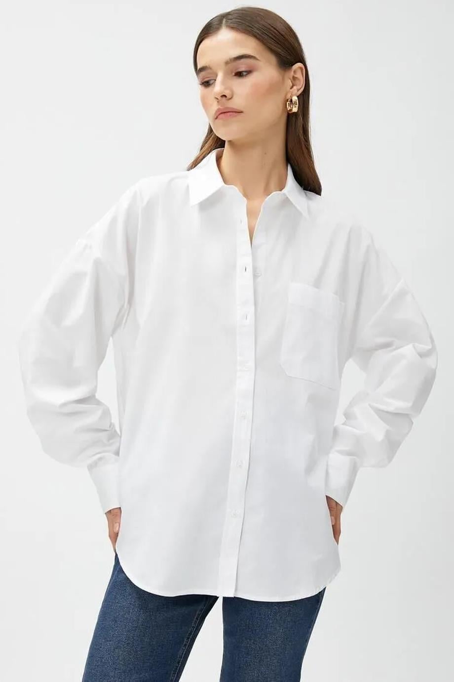 Oversize Cepli Pamuklu Beyaz Kadın Gömlek  3SAK60220PW