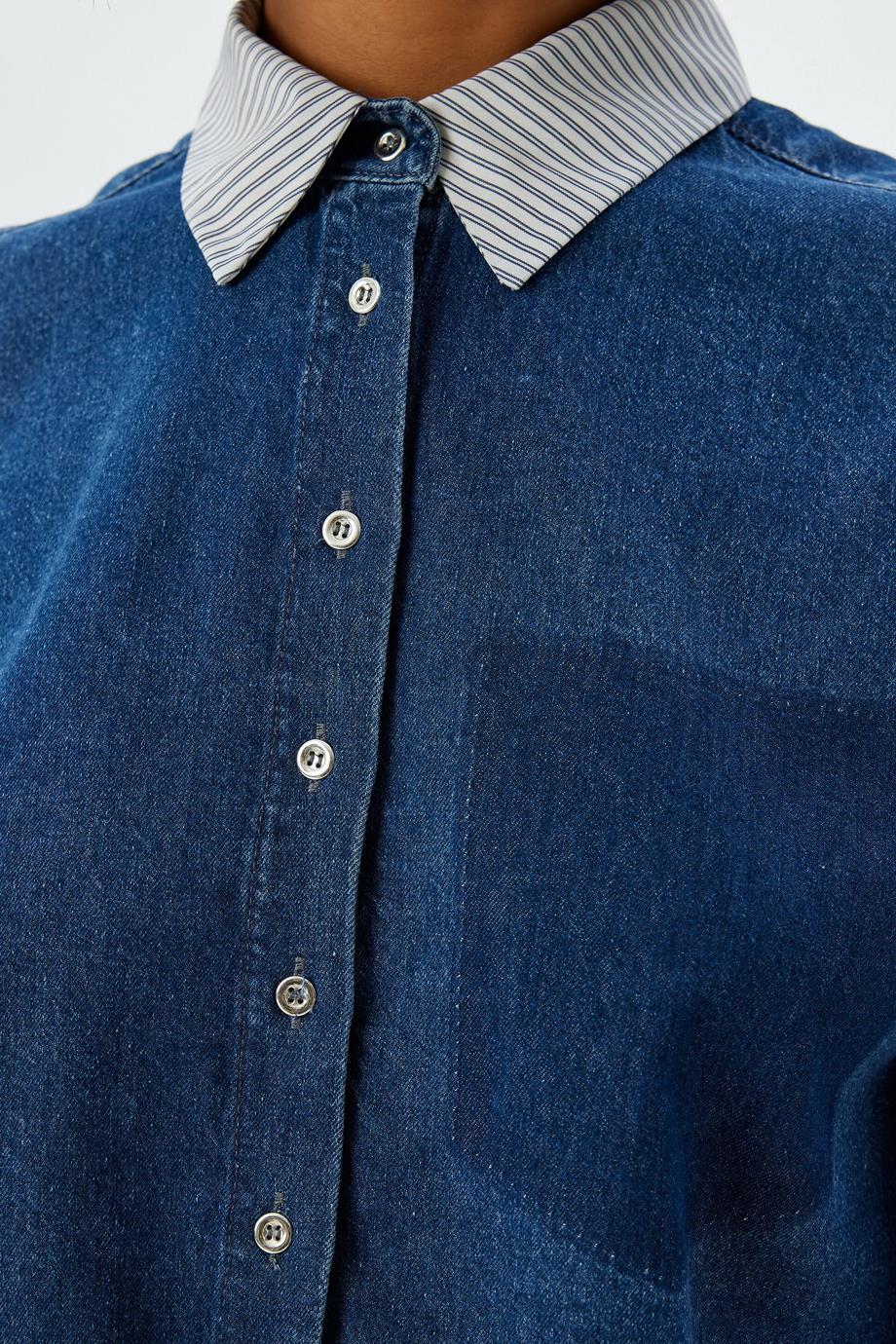 YAKASI ÇİZGİLİ İNDİGO KADIN GÖMLEK 5WAL60017MD-2K5