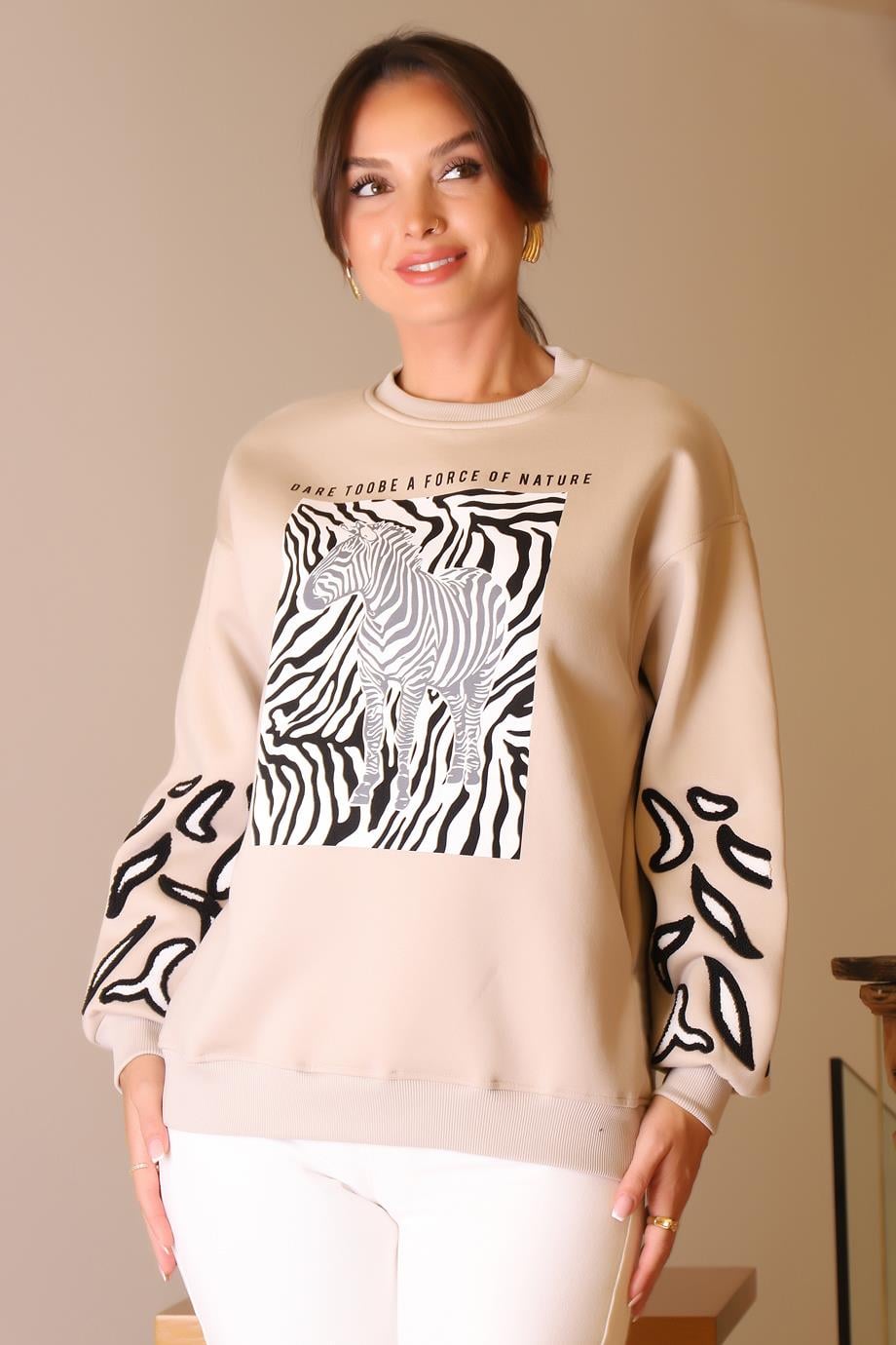 ZEBRA DESENLİ BEJ KADIN SWEATSHİRT  5591-2K5