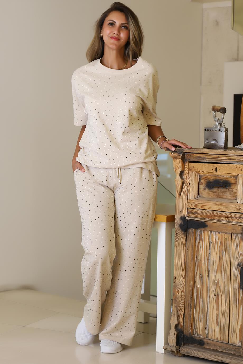 TAŞLI KISA KOLLU BEJ KADIN  TAKIM  7113-2Y5