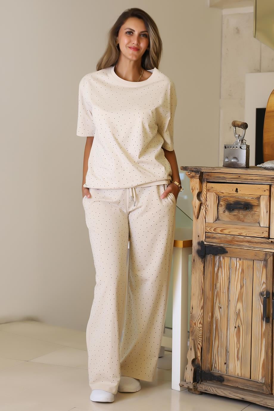 TAŞLI KISA KOLLU BEJ KADIN  TAKIM  7113-2Y5