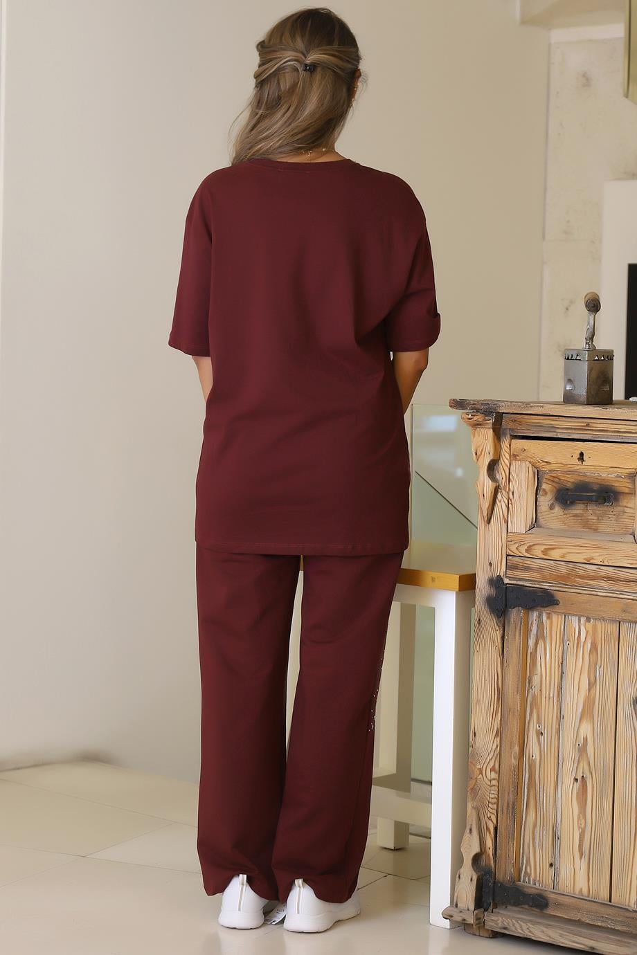 KISA KOLLU TAŞLI BORDO KADIN TAKIM 7225-2Y5