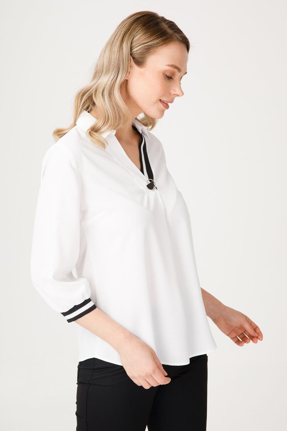 GÖMLEK YAKA YARIM KOLLU EKRU KADIN BLUZ 1025-2K5