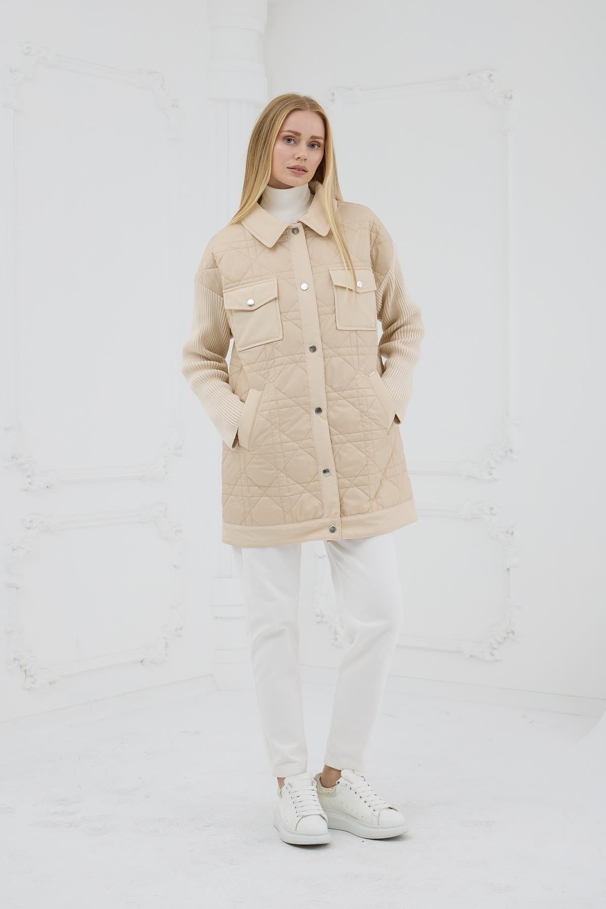 GÖMLEK YAKA CEPLİ BEJ KADIN CEKET MB04.42-2K5 