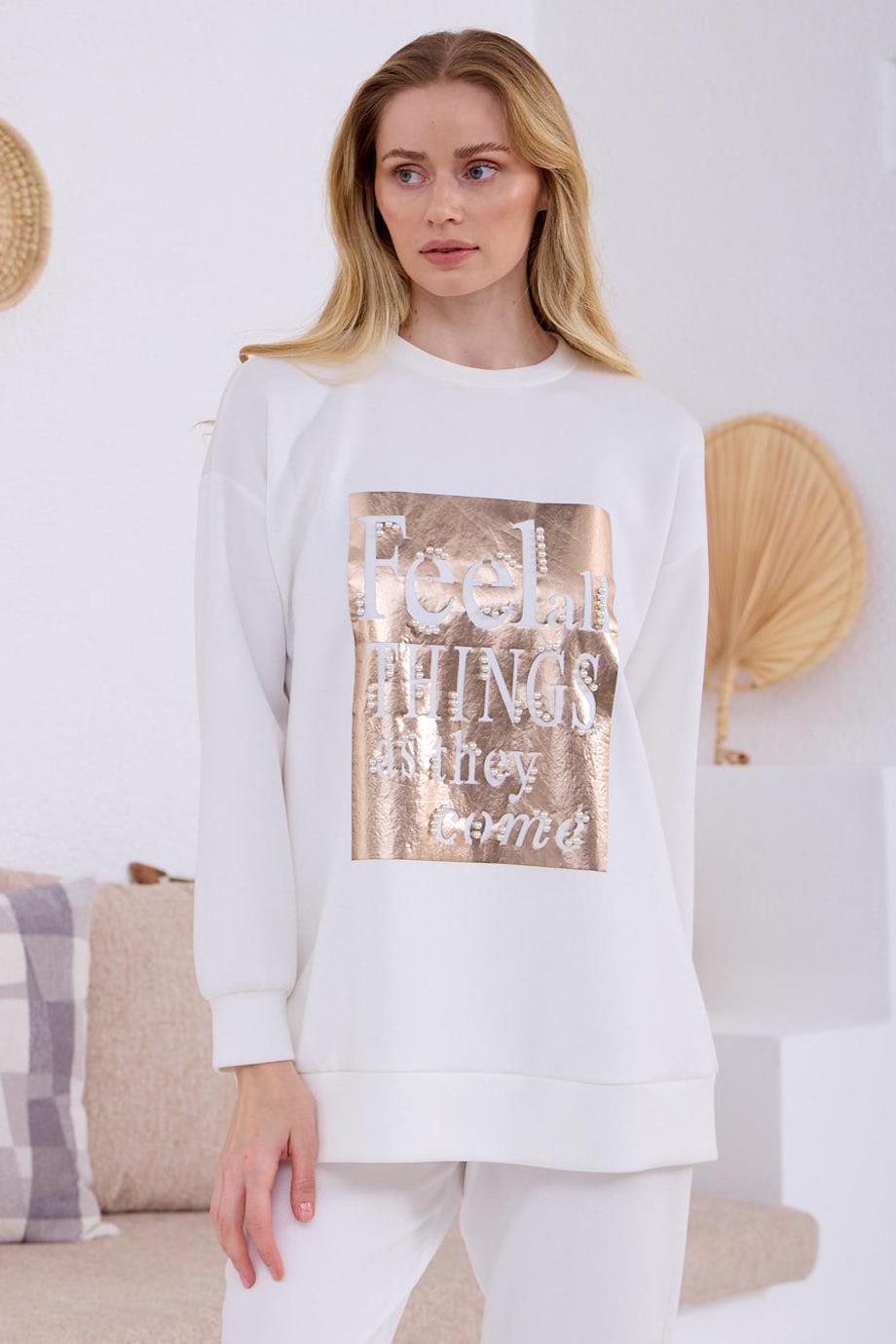İNCİ DETAYLI BASKILI EKRU KADIN  SWEATSHIRT MB21.298-2Y5