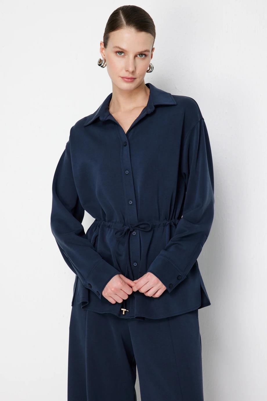 Beli Bağcıklı Düğmeli Bluz Lacivert 74702-2Y6