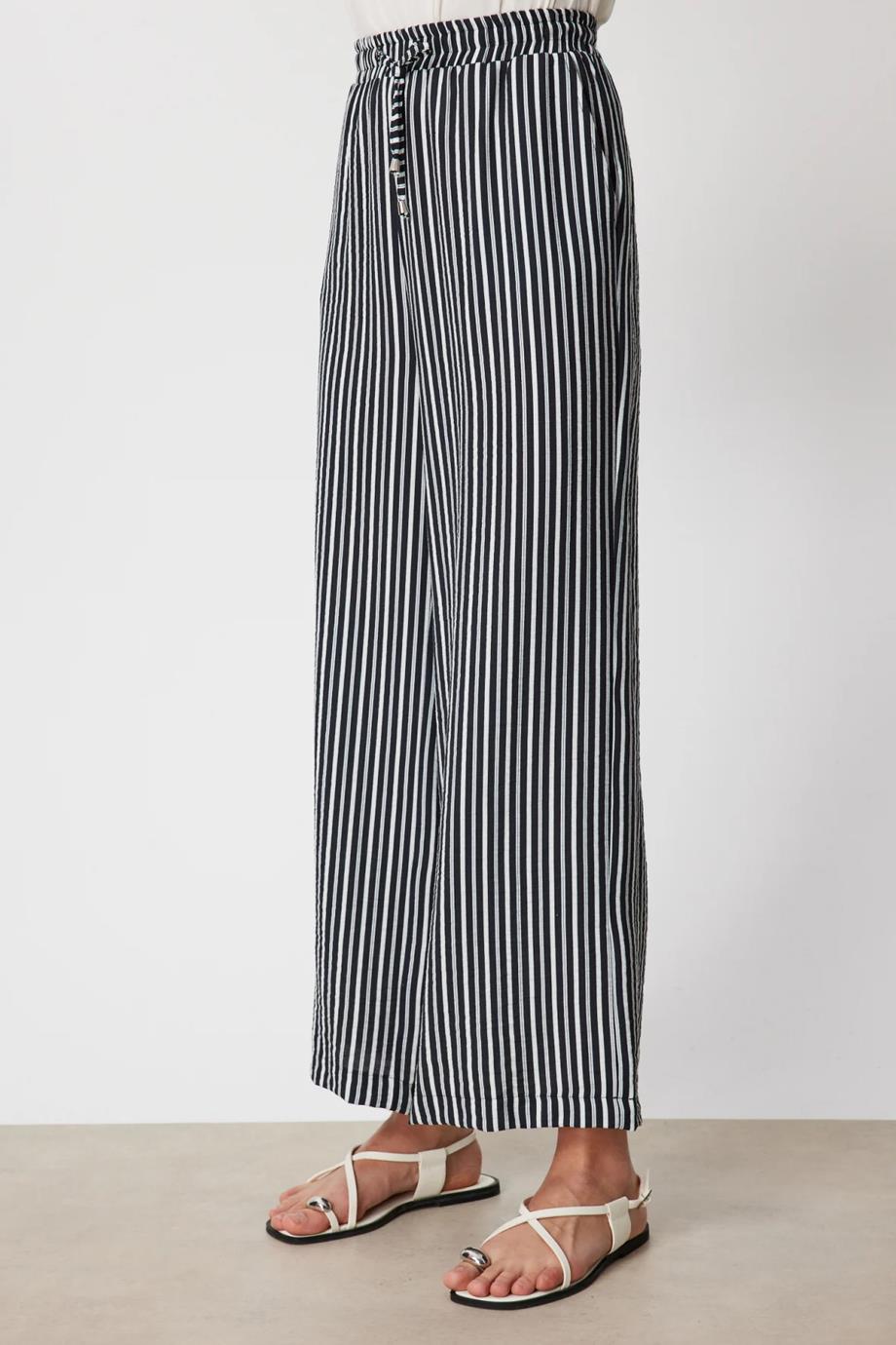 Çizgili Bol Paça Keten Pantolon Siyah 74903-2Y6