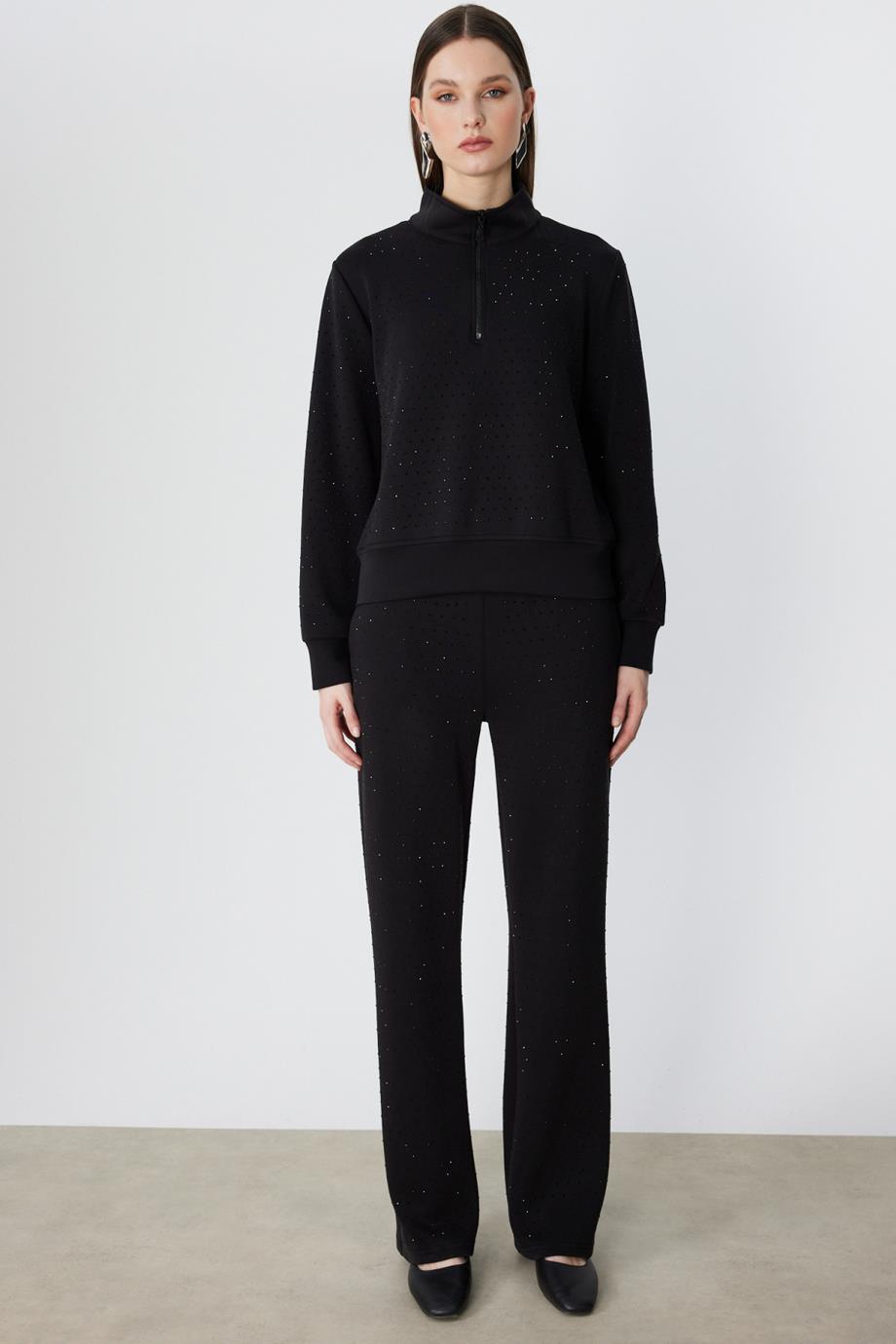 Yakası Fermuarlı Taşlı Eşofman Üstü Siyah 76343-2Y6