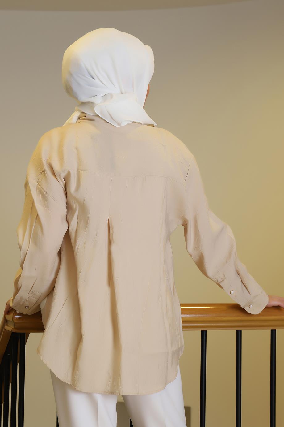 UZUN KOLLU BEYAZ DÜĞMELİ BEJ KADIN GÖMLEK  34476-2Y5