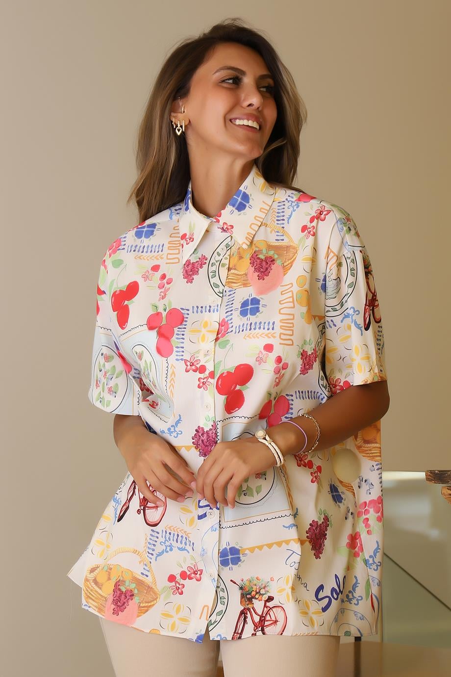 KISA KOLLU DESENLİ BEJ KADIN GÖMLEK  00334-2Y5