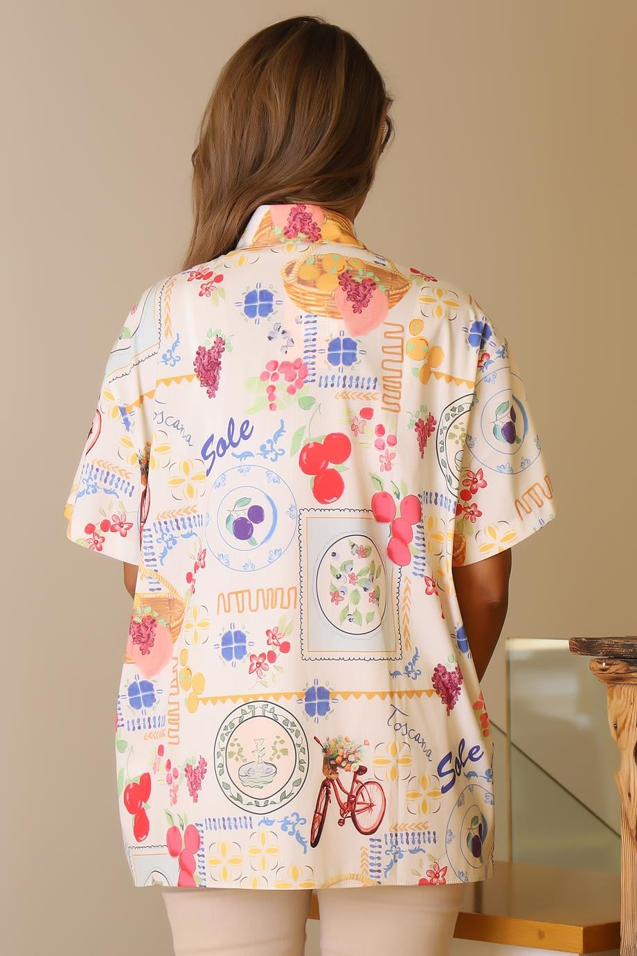 KISA KOLLU DESENLİ BEJ KADIN GÖMLEK  00334-2Y5