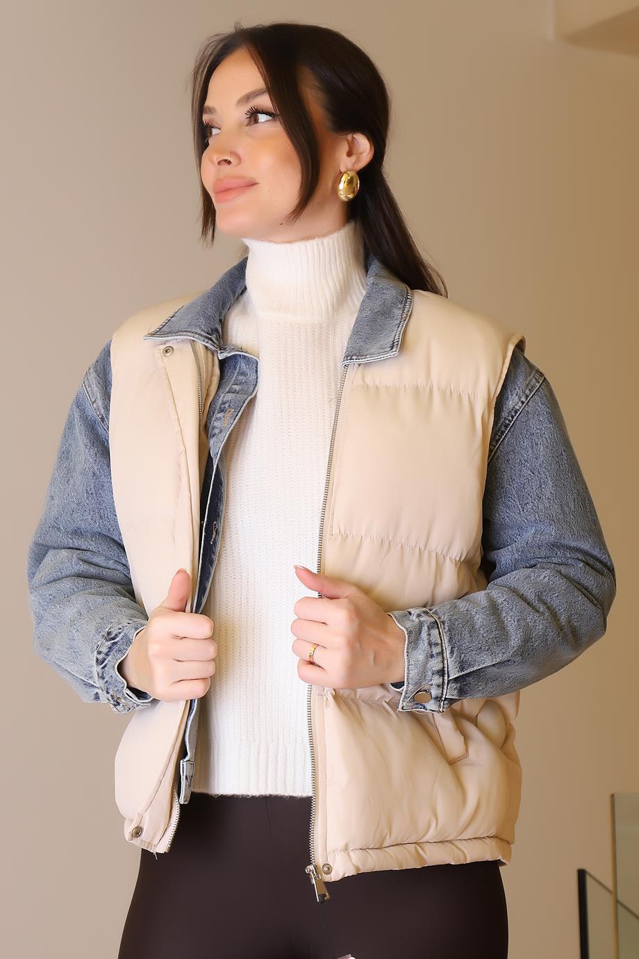 YELEK DETAYLI LACİ KADIN KOT MONT D99423-2K5