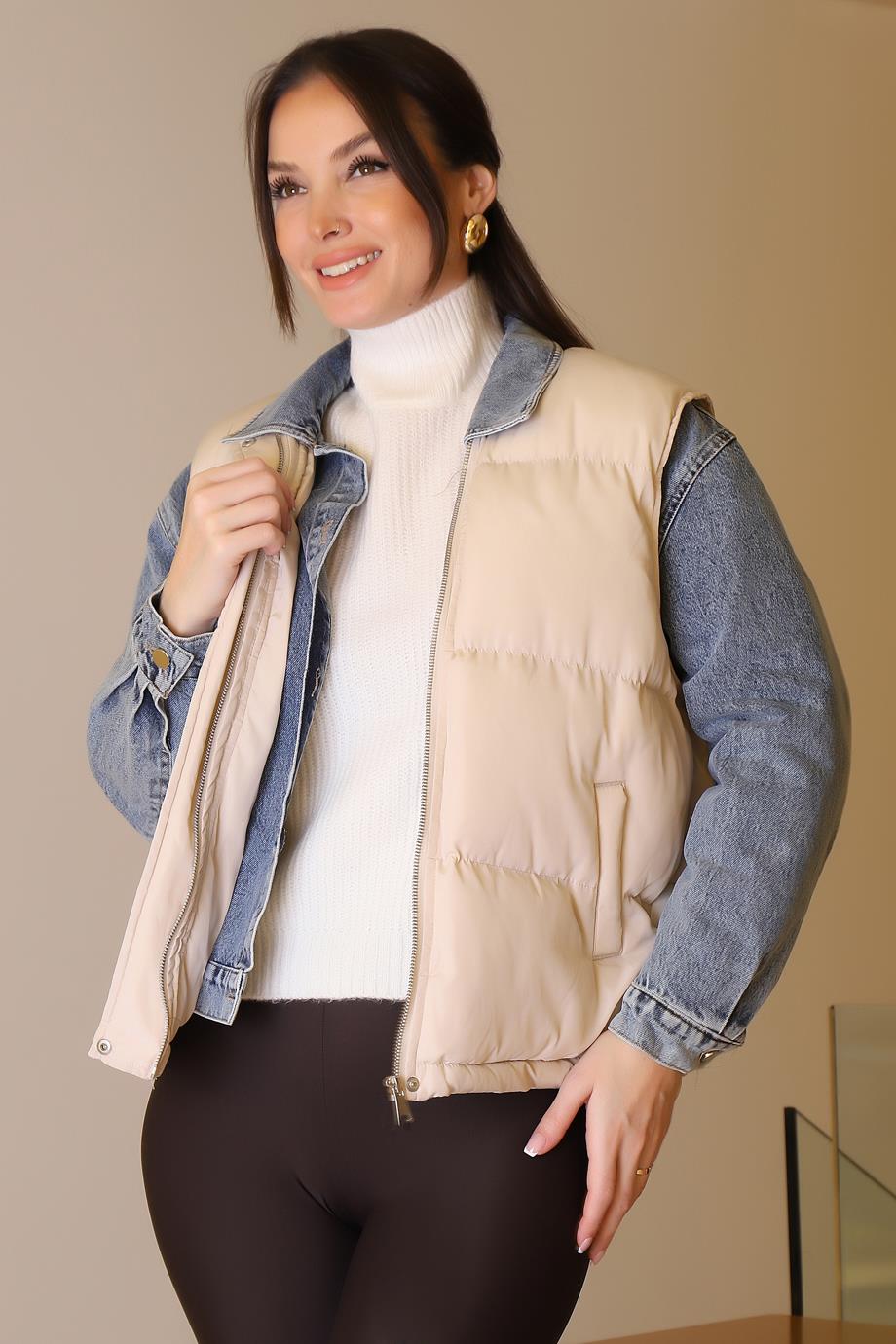 YELEK DETAYLI LACİ KADIN KOT MONT  D99423-2K5