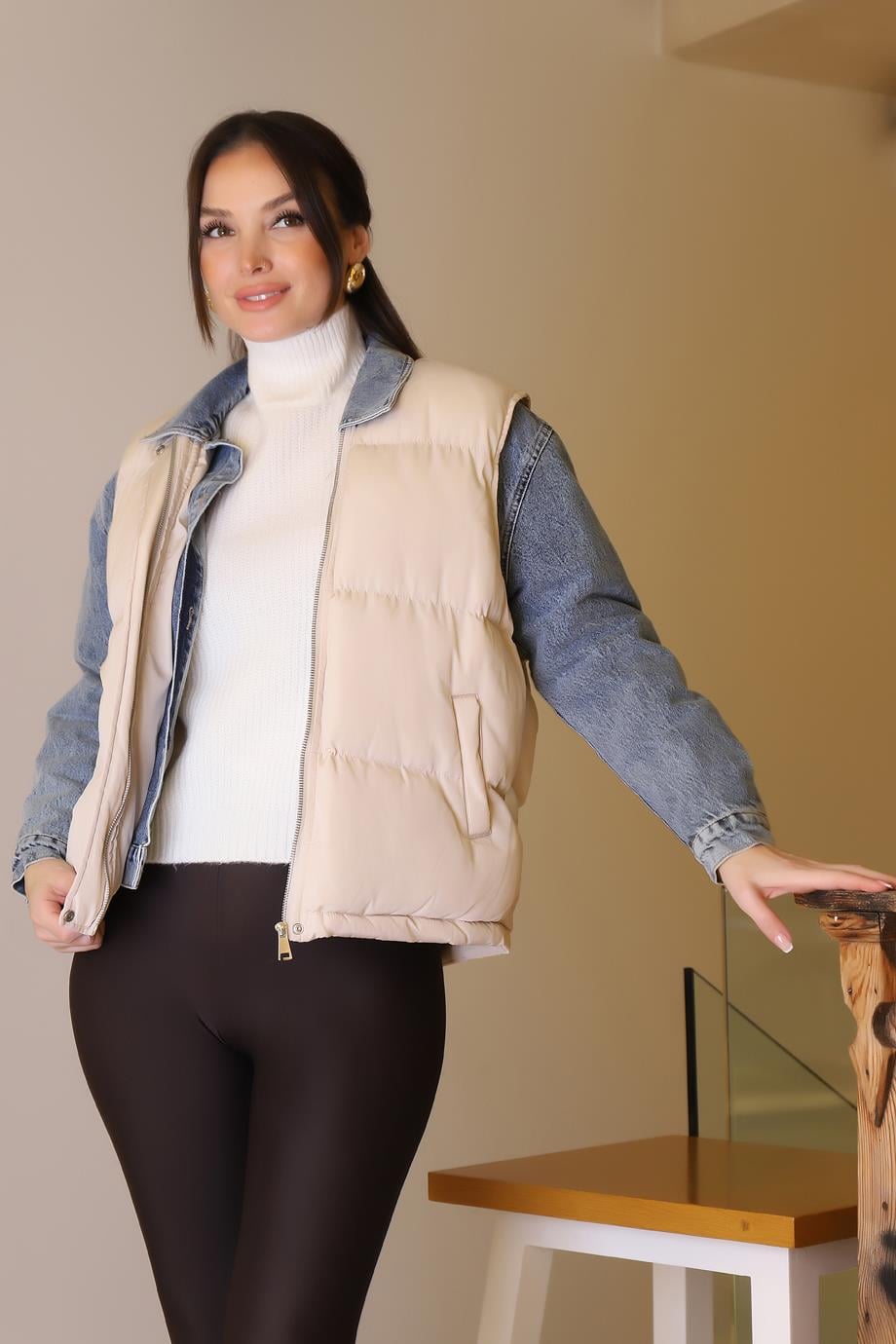 YELEK DETAYLI LACİ KADIN KOT MONT  D99423-2K5
