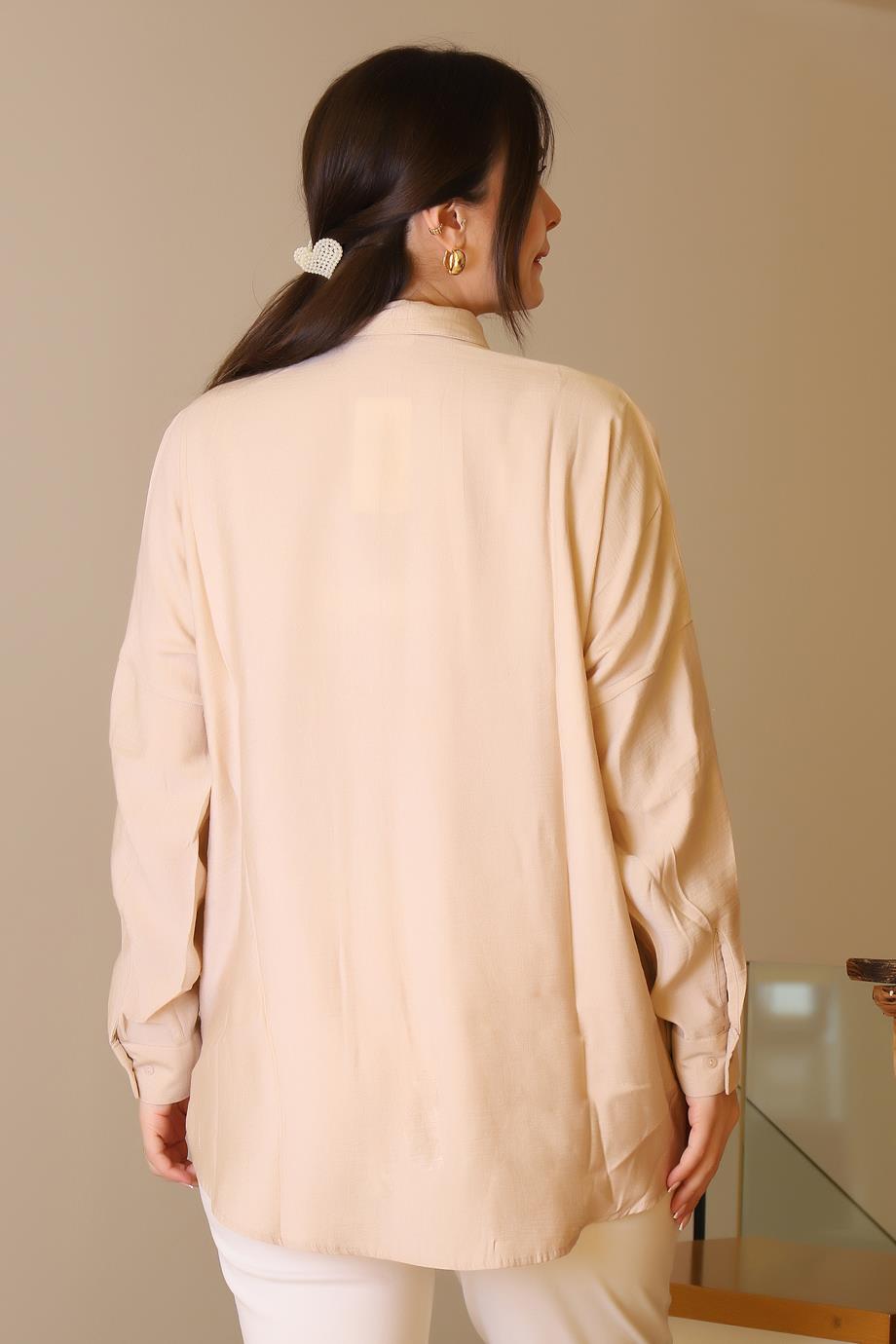 UZUN KOLLU BONCUK İŞLEMELİ BEJ KADIN GÖMLEK  4470-2Y5