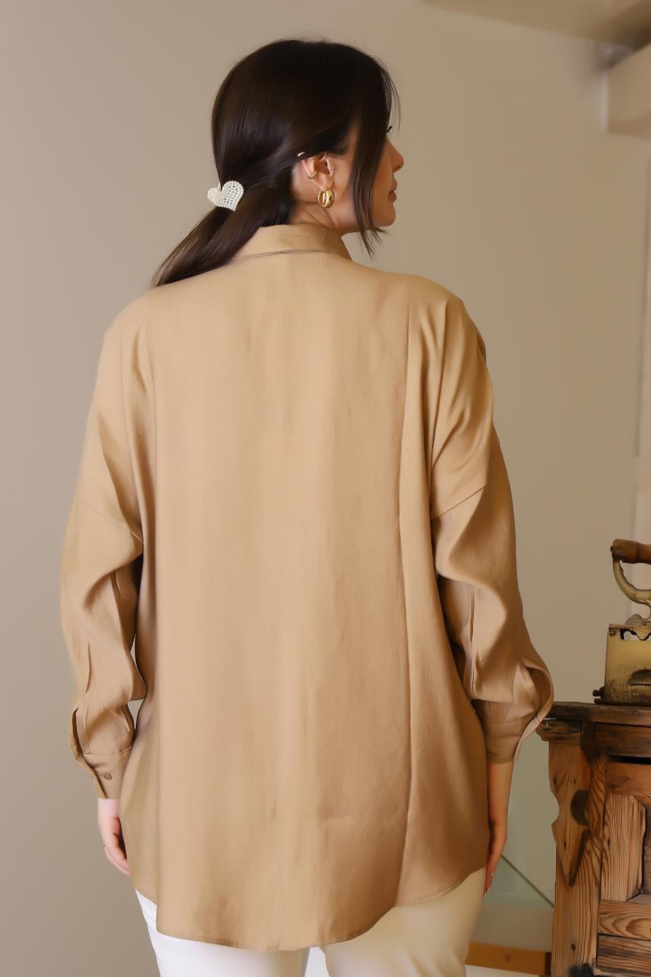 CAMEL UZUN BONCUK İŞLEMELİ KADIN GÖMLEK  4505-2Y5