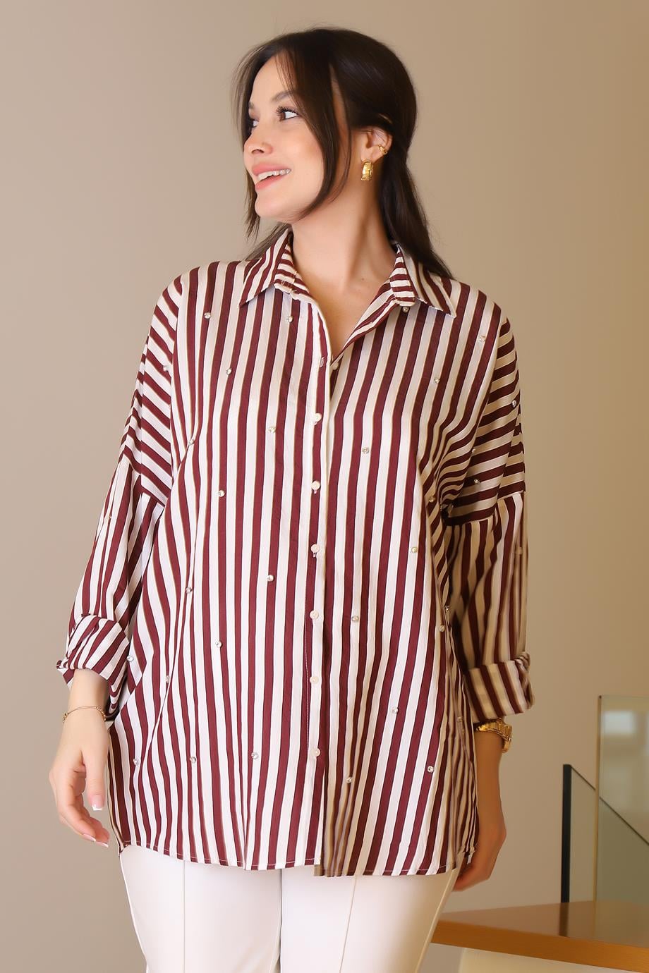 BORDO ÇİZGİLİ TAŞLI KADIN GÖMLEK  4735-2Y5