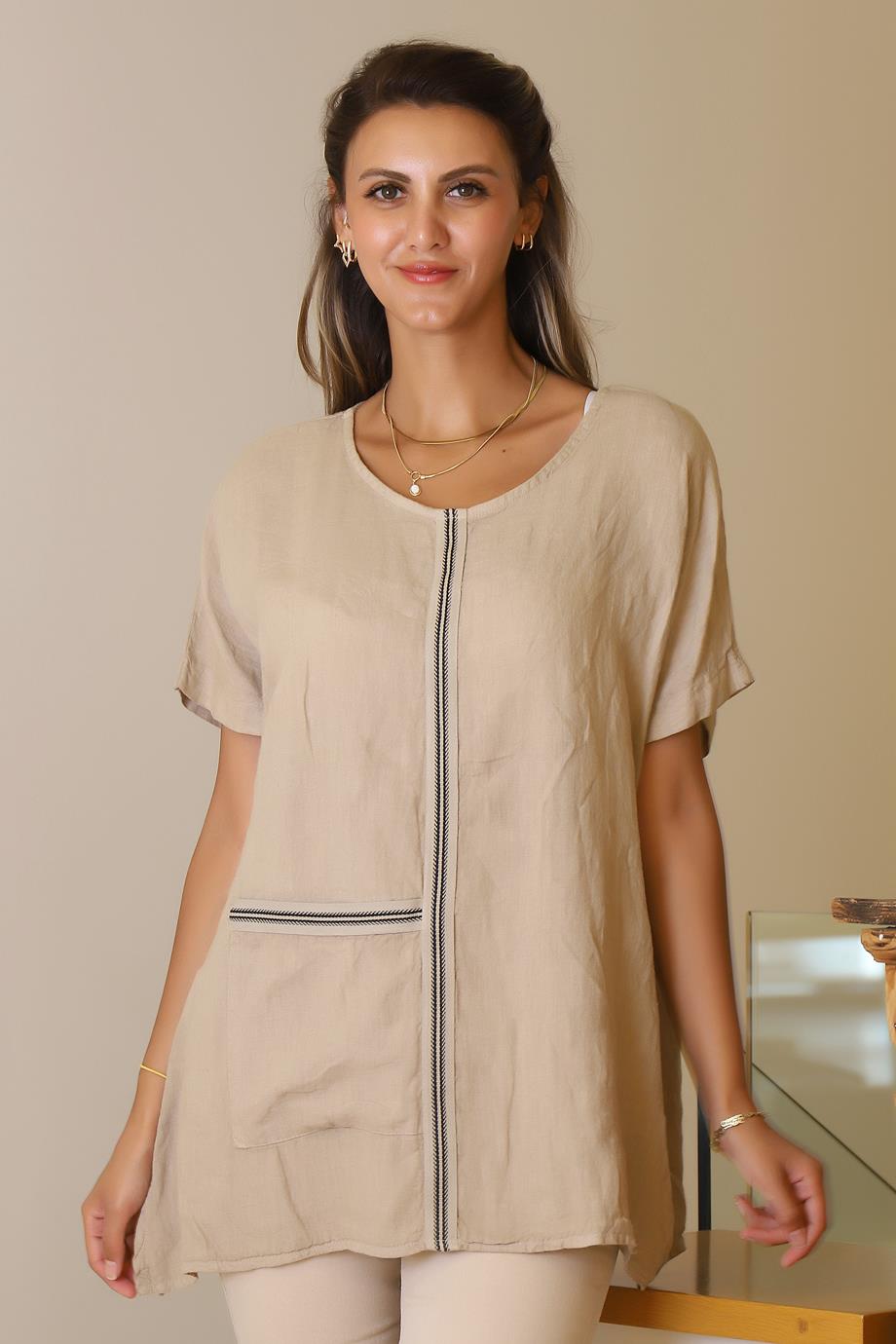 SIFIR YAKA CEPLİ SALAŞ BEJ  KADIN BLUZ 13746-2Y5