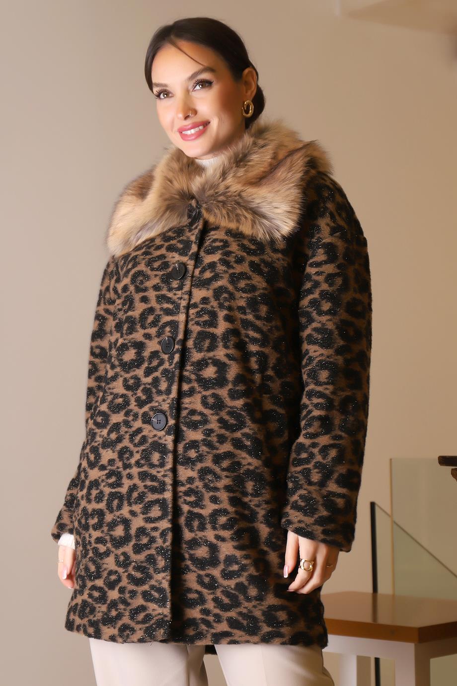 KÜRK YAKALI LEOPAR KADIN MONT 5659-2K5