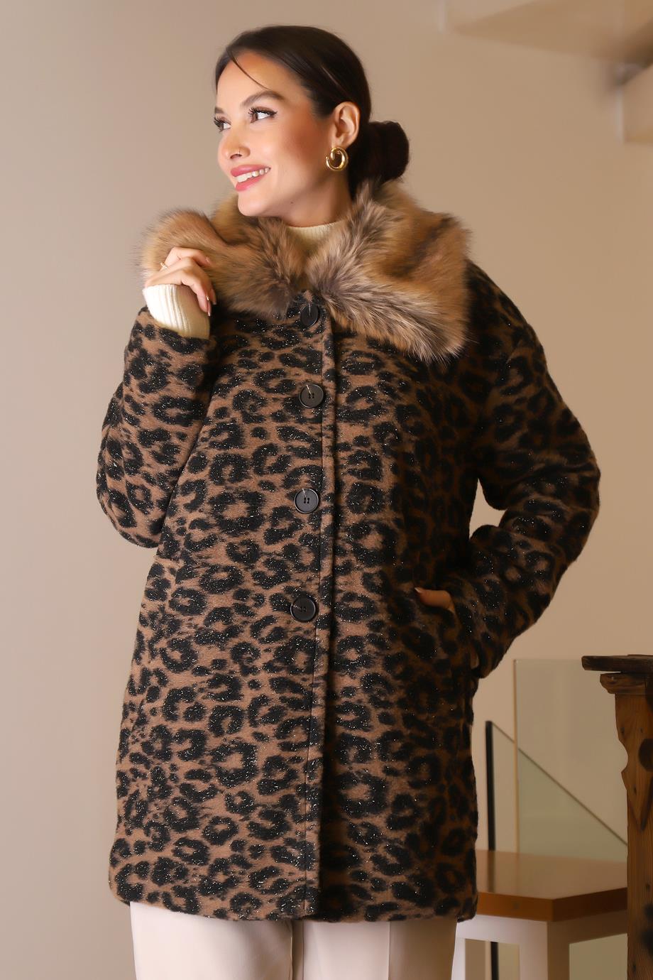 KÜRK YAKALI LEOPAR KADIN MONT 5659-2K5