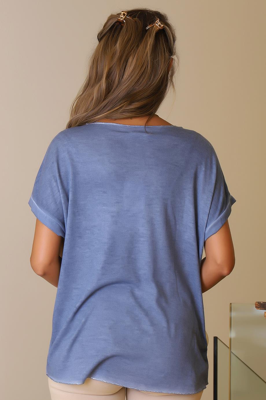 KAMUFLAJ DESENLİ KISA KOLLU MAVİ KADIN T-SHİRT  9582-2Y5