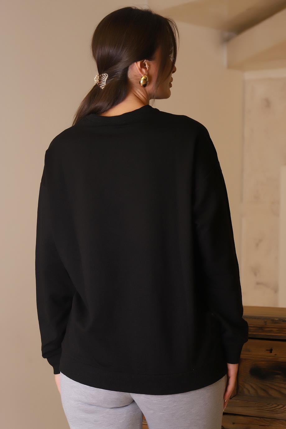 BİSİKLET YAKA SİYAH KADIN SWEATSHİRT 3089-2K5