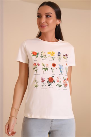 Çiçek Desenli Sıfır Yaka Kadın T-shirt  0054-2Y2