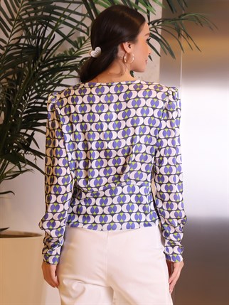 MOR Renk Geometrik Desenli V Yakalı Kadın Bluz 1049-2Y2