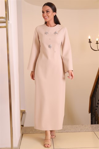 bej Renk Önü Taşlı Uzun Kadın Elbise 12344-2Y2