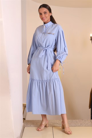 Taş İşlemeli Mavi Sıfır Yaka Kadın Elbise 2232-2Y1