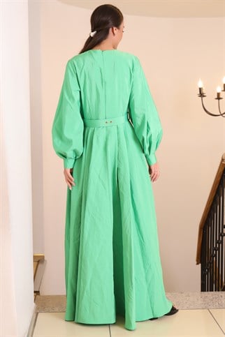 Yakası Taşlı Uzun Yeşil Kadın Elbise 25028-2Y2