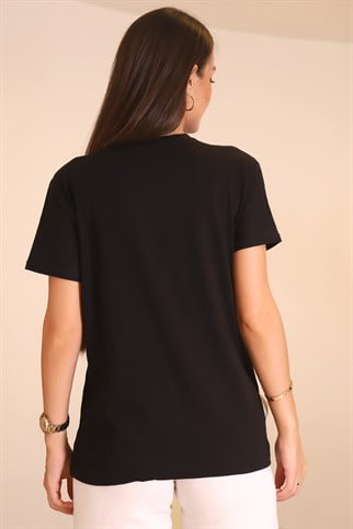 SİYAH Renk BASKILI KADIN T-SHİRT 2604-2Y2