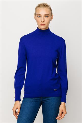 Süs Düğmeli Triko Saks Kadın Kazak 27503-2K4