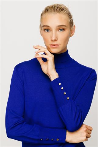 Süs Düğmeli Triko Saks Kadın Kazak 27503-2K4