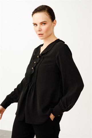 Ekol Yakası Fırfırlı Siyah Kadın Şifon Gömlek 3029-2K3
