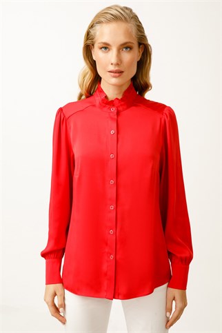 Ekol Yaka Büzgülü Kırmızı Kadın  Saten Bluz 3041-2K3