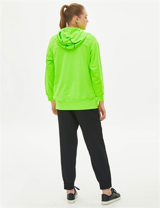 Kontrast Dikişli Kapüşonlu Yeşil Kadın Sweatshirt 31008-2Y2
