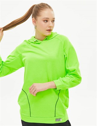 Kontrast Dikişli Kapüşonlu Yeşil Kadın Sweatshirt 31008-2Y2