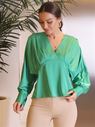 V Yakalı Saten Yeşil  Kadın Bluz 34815-2Y2