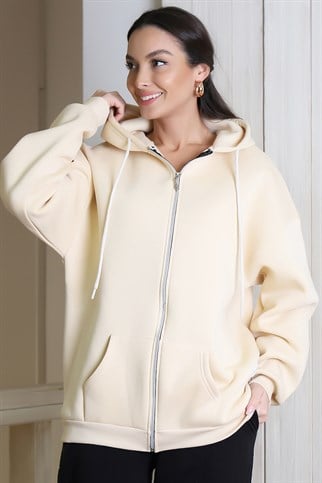 KAPÜŞONLU FERMUARLI BEJ KADIN SWEATSHİRT 3556-2K3
