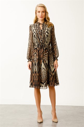 Ekol Desenli Şifon Camel Kadın Elbise 4063-2K3