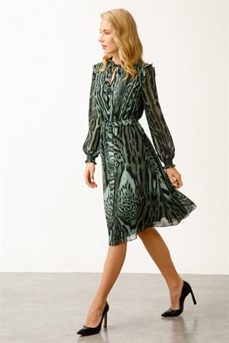 Ekol Desenli Şifon Yeşil Kadın  Elbise  4063-2K3