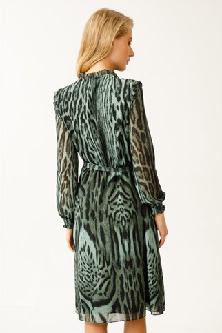 Ekol Desenli Şifon Yeşil Kadın  Elbise  4063-2K3