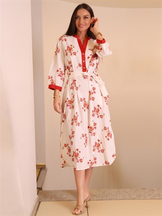 Çiçek Desenli Yırtmaçlı Kırmızı Kadın Elbise 5007-2Y2