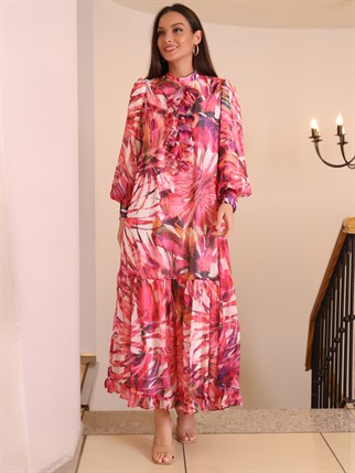 Desenli Uzun Pembe Kadın Elbise 50154-2Y2