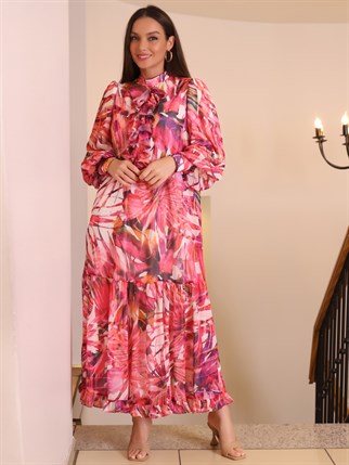 Desenli Uzun Pembe Kadın Elbise 50154-2Y2