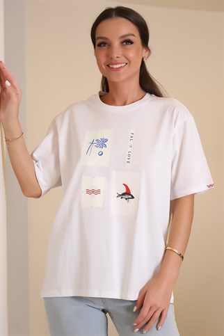Önü Baskılı Sıfır Yaka Beyaz Renk Kadın T-shirt 602225-2Y2