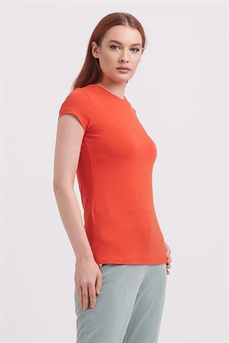 SIFIR YAKA KISA KOLLU  ORANJ KADIN BLUZ  71302-2K3