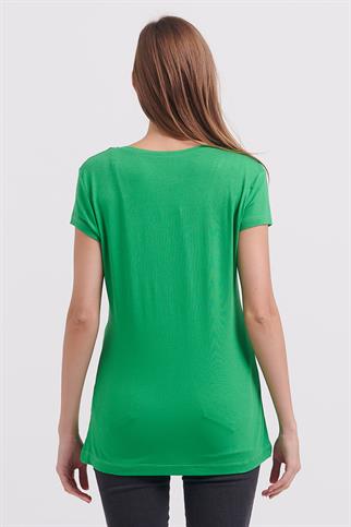 SIFIR YAKA KISA KOLLU YEŞİL KADIN BLUZ  71306-2K3