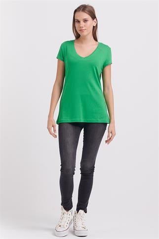 SIFIR YAKA KISA KOLLU YEŞİL KADIN BLUZ  71306-2K3